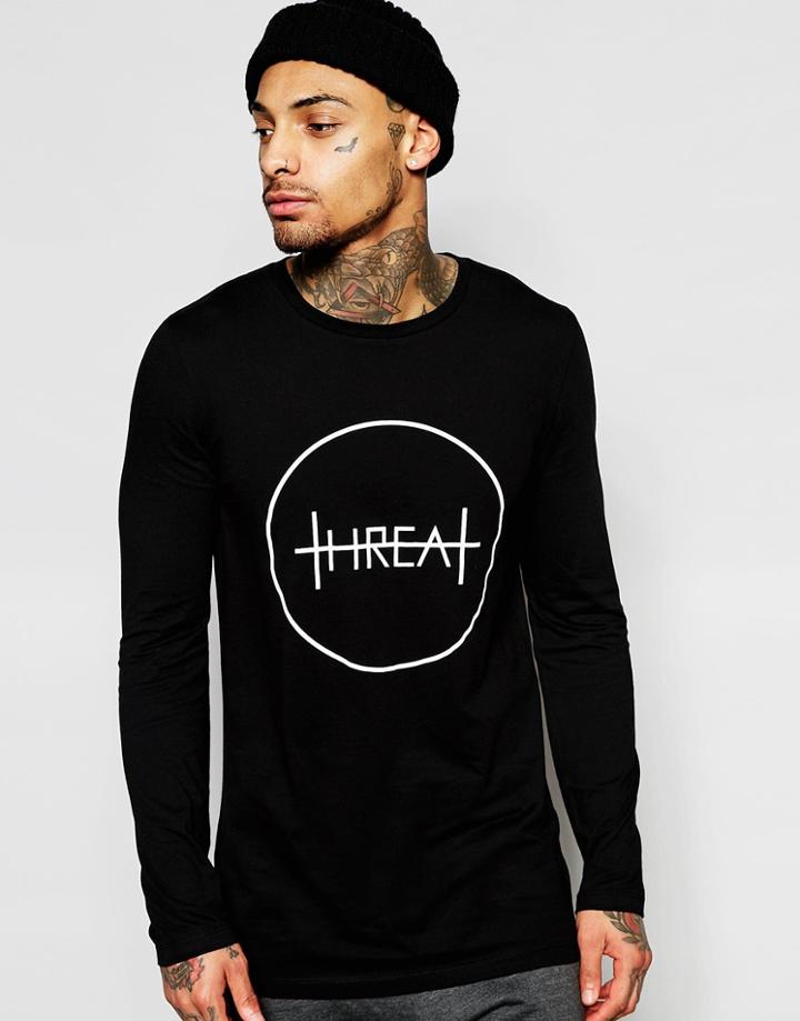 Asos Longline Long Sleeve T-shirt With Threat Print - Black