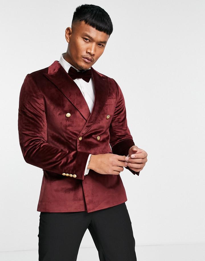 Gianni Feraud Slim Fit Velvet Double Breasted Blazer-red