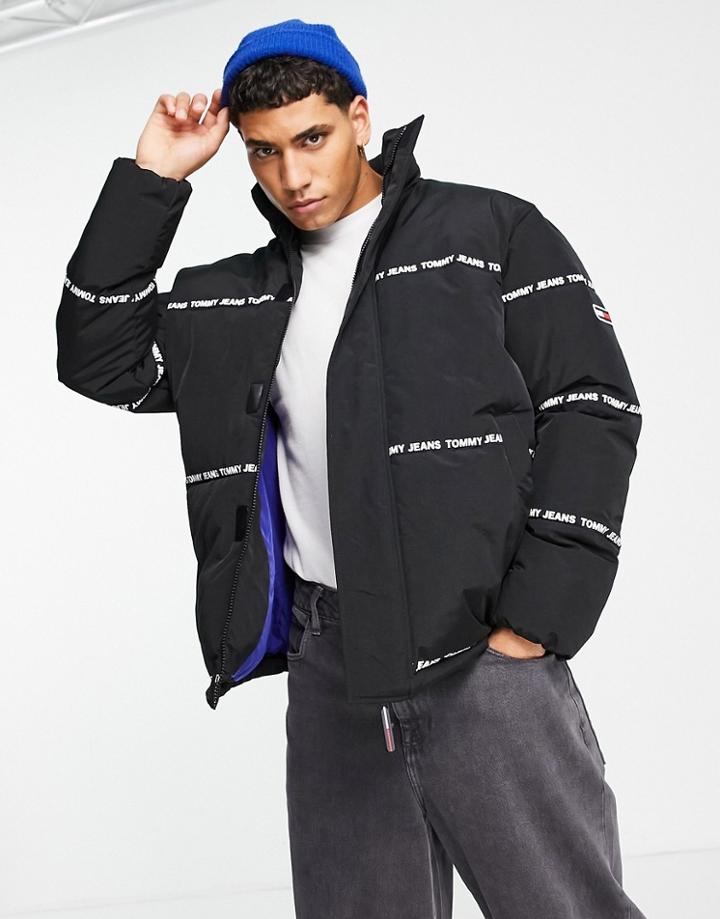Tommy Jeans Stripe Logo Stripe Puffer Jacket In Black