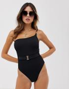 River Island One Shoulder Swimsuit With Belt In Black