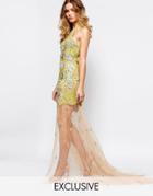 A Star Is Born Allover Luxe Embellished Mesh Insert Maxi Dress With Sheer Skirt - Nude Yellow Silver