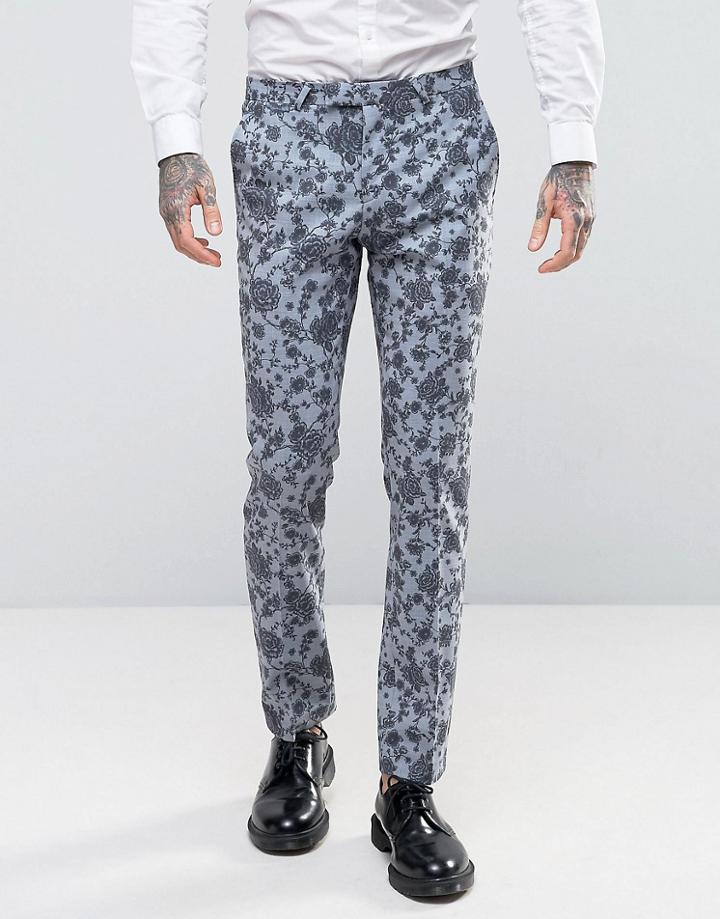 Noose & Monkey Super Skinny Wedding Suit Pants In Floral - Blue