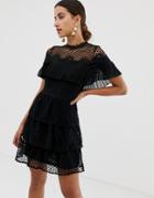 Dolly & Delicious Tiered Mini Dress With Lace Detail - Black