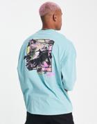 Asos Design Oversized T-shirt In Washed Blue With Retro Surf Back Print