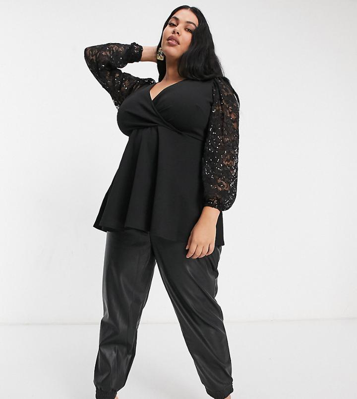 Yours Sequin & Lace Sleeve Blouse In Black
