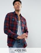Asos Tall Regular Fit Check Shirt With Western Styling In Burgundy - Red