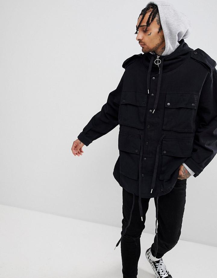 Sixth June Hooded Utility Jacket In Black - Black