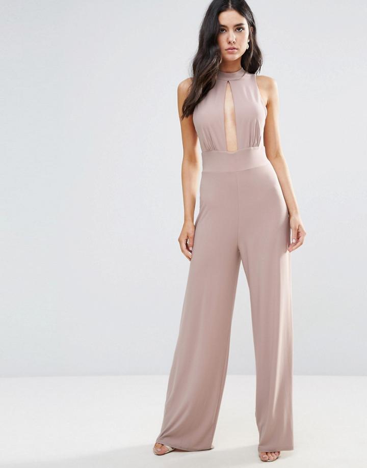 Love High Neck Split Front Jumpsuit - Beige