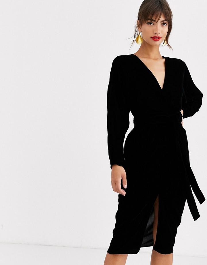 Asos Design Midi Dress With Batwing Sleeve And Wrap Waist In Velvet-black