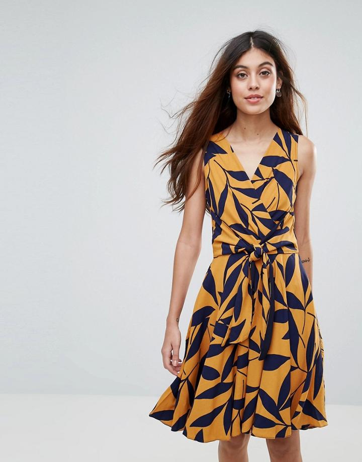 Closet Leaf Print Front Tie Dress - Black