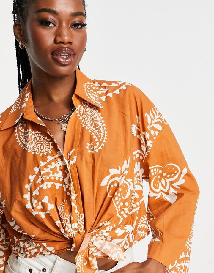 Urban Revivo Relaxed Tie Front Shirt In Bandana Print-brown