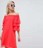 Vero Moda Petite Off Shoulder Dress With Tiered Sleeve - Red