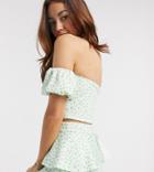 True Violet Exclusive Off Shoulder Puff Sleeve Crop Top Two-piece In Green Fleck Print