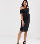 Asos Design Maternity Pleated Shoulder Lace Midi Dress-black