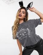 Asos Design Halloween T-shirt In Wash With Skeleton Print-gray