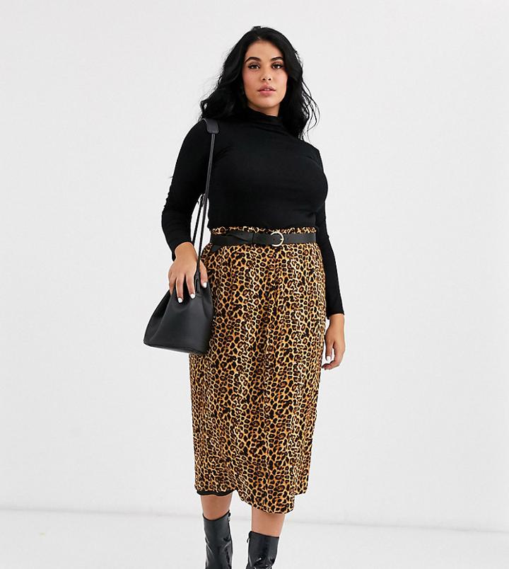 Daisy Street Plus Button Front Midi Skirt In Leopard Print