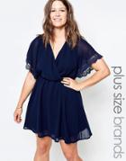 Club L Plus Skater Dress With Lace Sleeve Detail - Navy