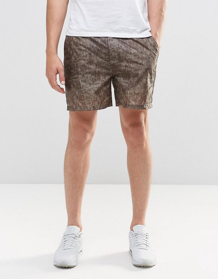 Asos Slim Shorter Length Shorts With Abstract Khaki Print - Khaki