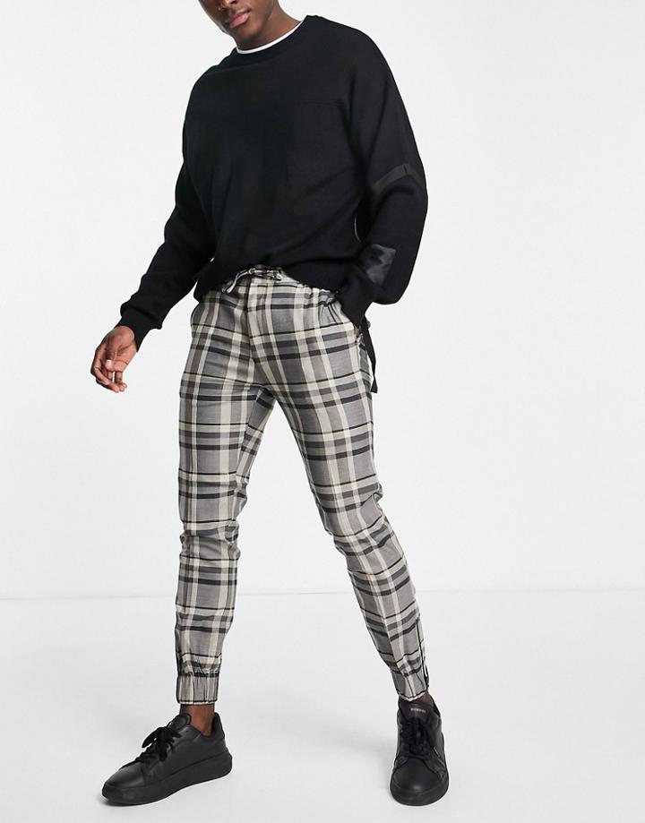 Topman Skinny Check Joggers With Zip Detail On Cuffs In Neutral