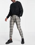 Topman Skinny Check Joggers With Zip Detail On Cuffs In Neutral
