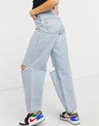 Asos Design High Rise 'relaxed' Dad Jeans With Rips In Lightwash-blue