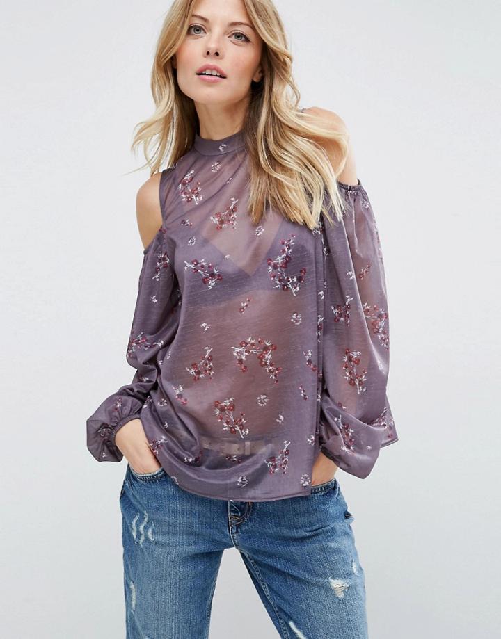 Asos Top With Cold Shoulder In Floral Print - Multi