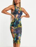 Jaded London Keyhole Mesh Dress In Abstract Burn Print-multi