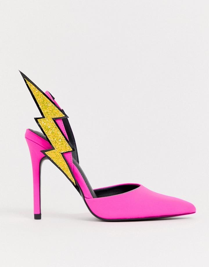 Asos Design Pick Up Lightening Bolt Sling Back High Heels In Neon Pink