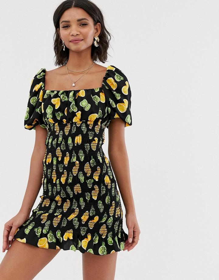 Asos Design Off Shoulder Mini Dress With Shirring In Lemon And Lime Print-multi