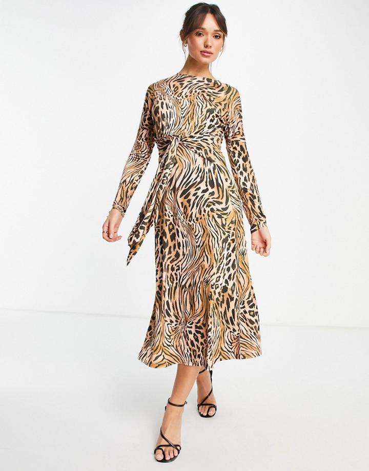 Asos Design Long Sleeve Belted Maxi Dress In Brown Animal Print-multi