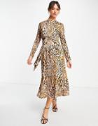 Asos Design Long Sleeve Belted Maxi Dress In Brown Animal Print-multi