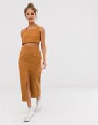 Asos Design Two-piece Denim Stitch Detail Midi Skirt - Brown