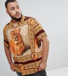 Asos Design Plus Oversized Tiger Placement Print Viscose Shirt With Revere Collar - Black