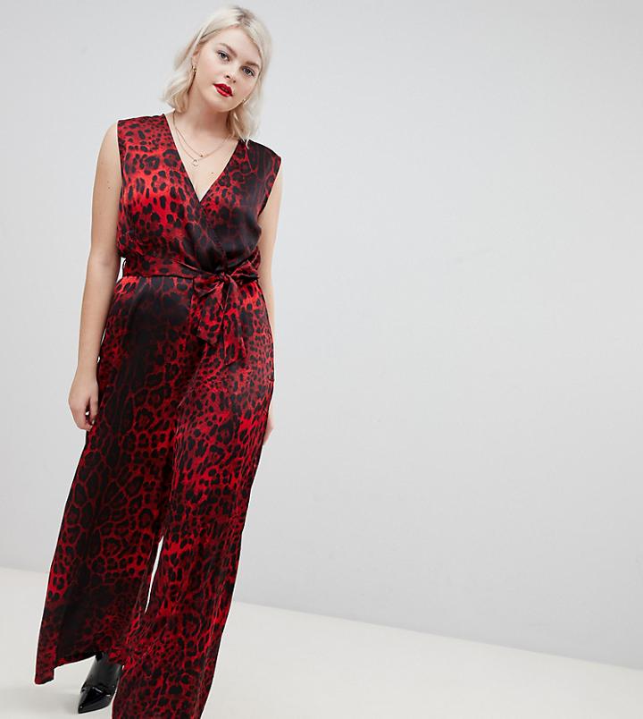 Unique21 Hero Red Leopard Print V Neck Jumpsuit With Tie Belt - Multi