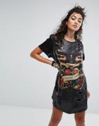 One Above Another Oversized T-shirt Dress In Sequin With Graphic - Black