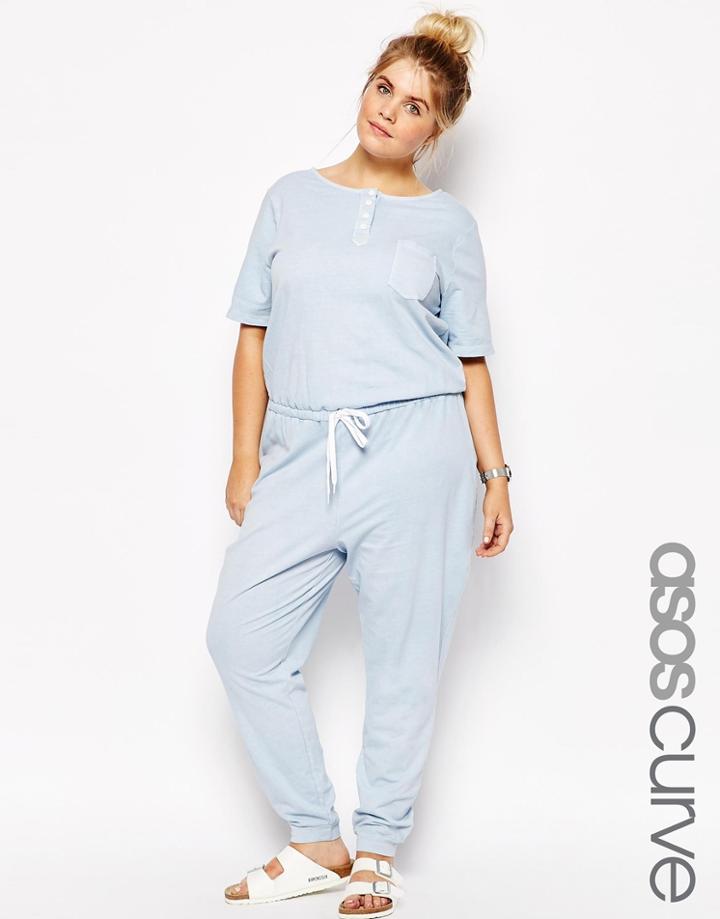 Asos Curve Acid Wash Jumpsuit With Button - Blue