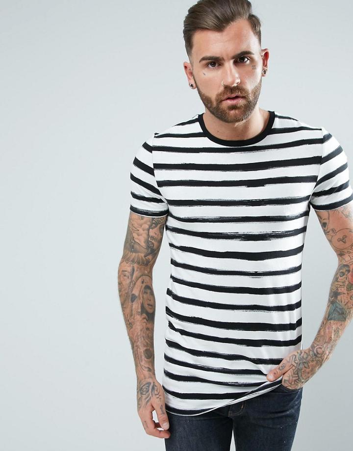 Asos Muscle Longline T-shirt With Brush Stroke Stripe - White