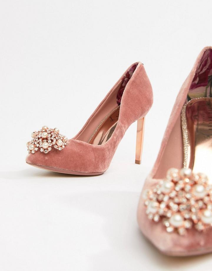 Ted Baker Pink Velvet Embellished Heeled Pumps - Pink