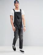 Asos Denim Overalls With Rips And Turn Ups In Washed Black - Black