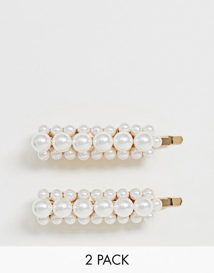Asos Design Pack Of 2 Hair Clips With Oversized Pearls - White