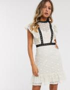 Little Mistress Lace Mini Dress With Contrast Detail In Cream-multi