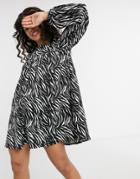 Asos Design Mini Textured Smock Dress With Long Sleeves In Zebra Print-multi