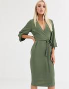 Asos Design Kimono Sleeve V Neck Midi Pencil Dress-green