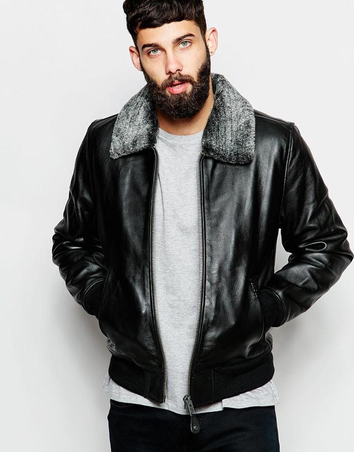 Schott Leather Bomber Jacket With Faux Fur Collar - Black
