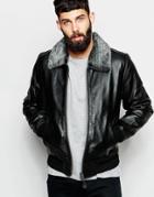 Schott Leather Bomber Jacket With Faux Fur Collar - Black