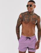 Asos Design Swim Short With In Purple Acid Wash With Leg Stripes Short Length - Purple