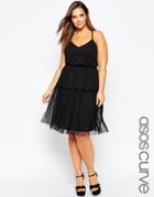 Asos Curve Cross Back Dress With Mesh Tiered Skirt - Black