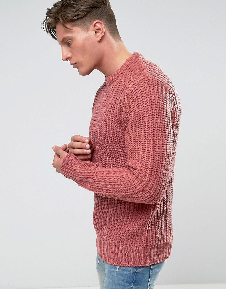 Brave Soul Heavy Fisherman Rib Sweater - Pink