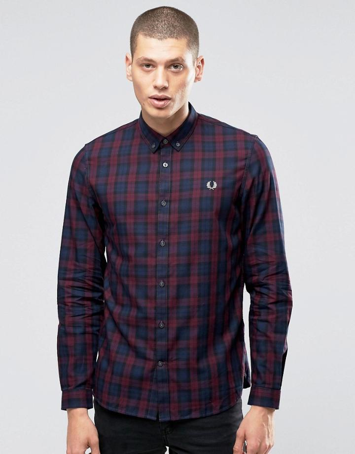Fred Perry Shirt In Plaid In Mahogany In Slim Fit - Red