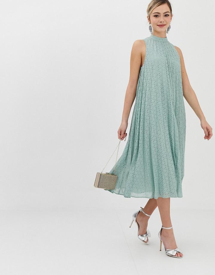 Asos Design Premium High Neck Pleated Trapeze Broderie Midi Dress-green